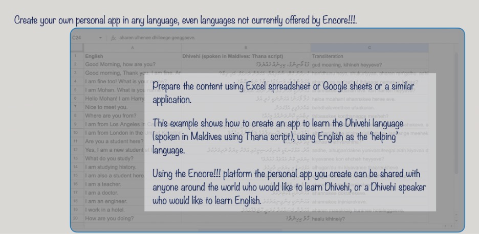 Figure 27:  Create the text part of the content for “Dhivehi” language as entries in an Excel file or Google Sheets. Create this content on a desktop or laptop rather than on your mobile phone for ease of creation and then bring it into the MyEntry section of the app on your mobile device. One can use the content of the “Library” in Encore!!! To get some guidance. Now you have a “library” of your ““Dhivehi”” content and you can catalog it as “Vocabulary” “theme based sentences” etc. 