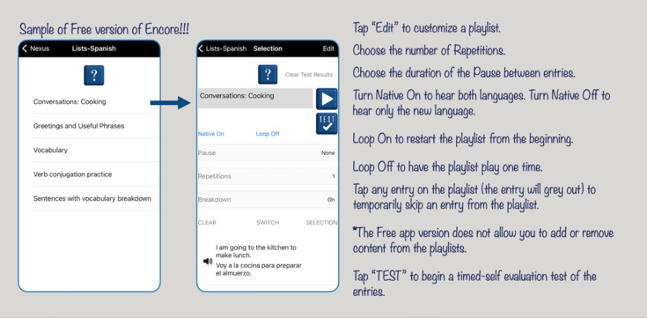 Figure 4: The free version of Encore!!! allows the user access to several playlists containing useful elements of a language they have chosen. The user can choose to customize the repetition number, the pause, whether to use the app in a bilingual mode or monolingual mode. The user can also take a test on the material that has been learnt. The Free version does not allow a user to make new playlists from the distributed library. 