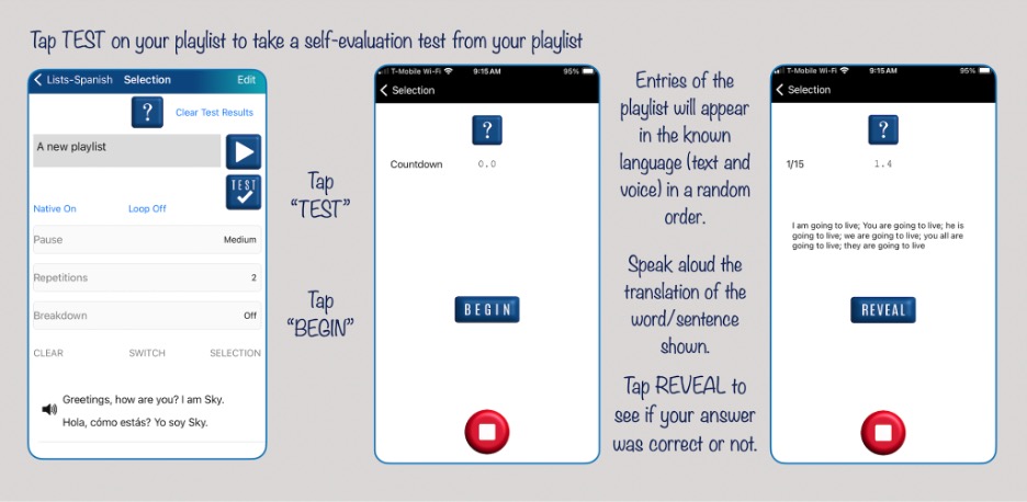 Figure 8: By tapping “TEST” a user can do a self-evaluation test. The user taps “BEGIN” after tapping “TEST” and an entry of the playlist is played in the known language. The user voices the corresponding “to be learnt language” entry and then taps “REVEAL” to check if the answer was correct.